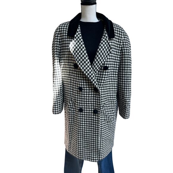 Vintage 1980s The Limited Houndstooth Wool Coat Black White Velvet Collar 12 - Picture 1 of 8